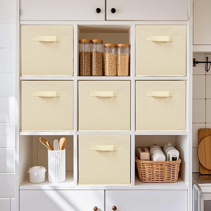 11 Inch Fabric Storage Cubes, Sturdy Foldable Storage Bins, Heavy Duty Cube Organizer for Clothes, Blankets, Shelves, Closets, Bedroom, Living Room, Beige, 6 Pack - Image 6