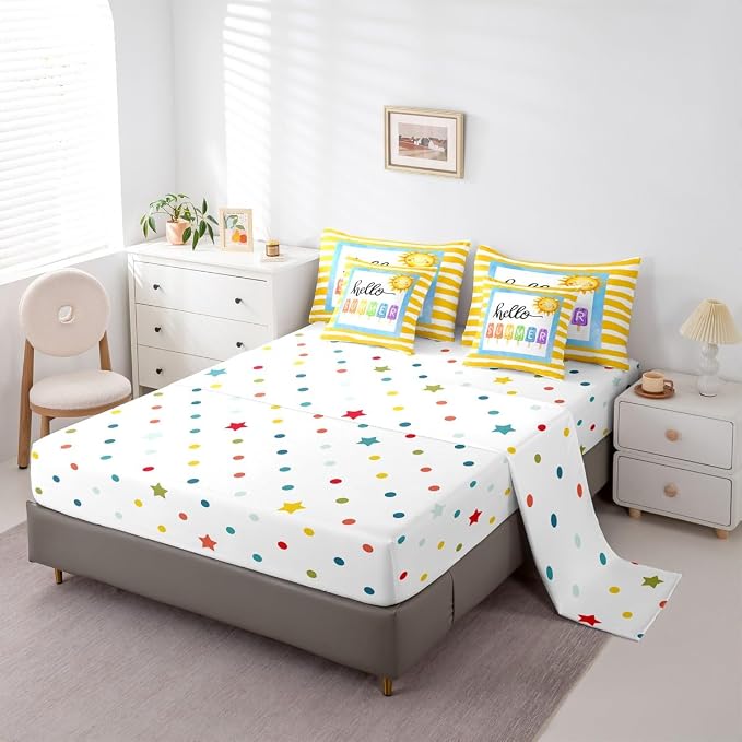 Erosebridal Kids Summer Beach King Size Comforter Set with Sheets, Yellow Stripes Bed in A Bag for Girls Boys Teens Women Men, Funny Geometric 7 Pieces Bedding Set, Sun Ice Cream Popsicle Bed Sets - Image 4