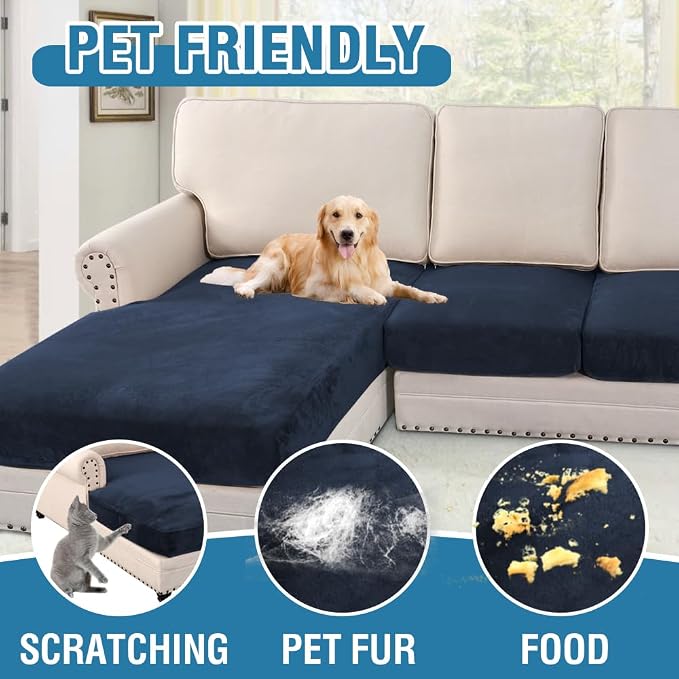 H.VERSAILTEX Velvet Stretch Sectional Couch Covers 4 Pieces Sofa Seat Cushion Covers L Shape Separate Cushion Couch Chaise Cover for Both Left/Right Couch (Large Sofa 3 Seater + 1 Chaise, Navy) - Image 3