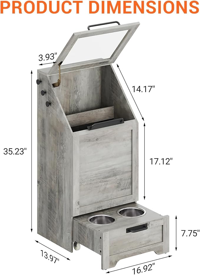 Dog Feeding Station, with Pet Feeding Station,Flip Top Dog Food Storage Cabinet, 2 Elevated Bowls, Includes 3 Hooks for Accessories – Space-Saving Design, Grey - Image 5