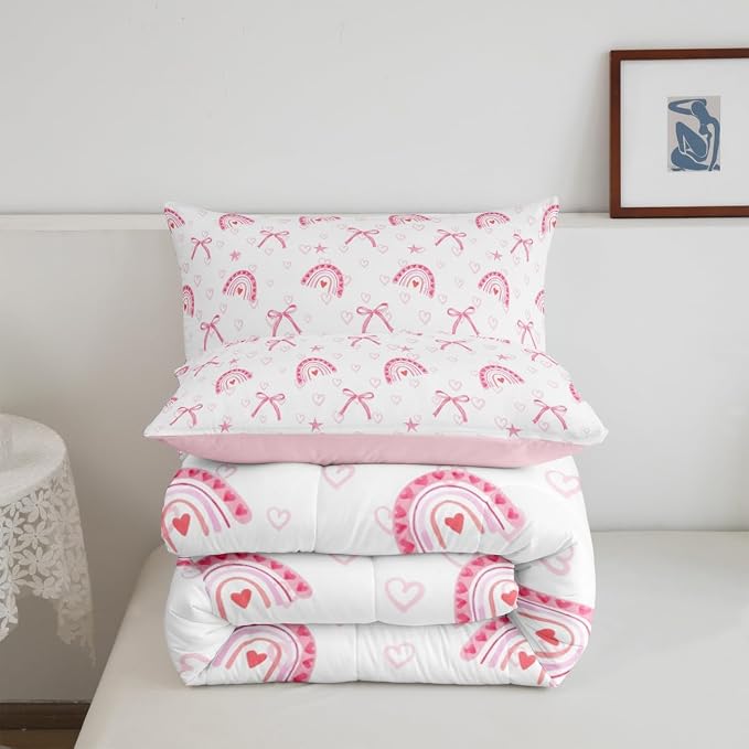 Manfei Pink Rainbow Comforter Set,Dreamy Bowknot Bow Ribbon Princess Style Bedding Set for Adults Living Room,Romantic Love Hearts Graffiti Pink White Quilt Set 3 Pcs with 2 Pillowcases,King - Image 6