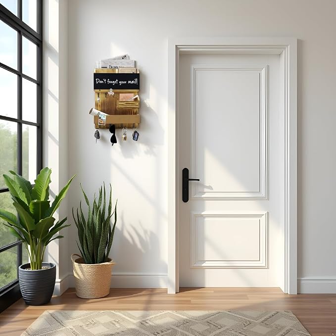 Mail Organizer Wall Mount，Key Holder Mail and Key Organizer for Wall with Shelf, Chalkboard, Corkboard, Home Decor for Room Office Entryway(Light Wood) - Image 3