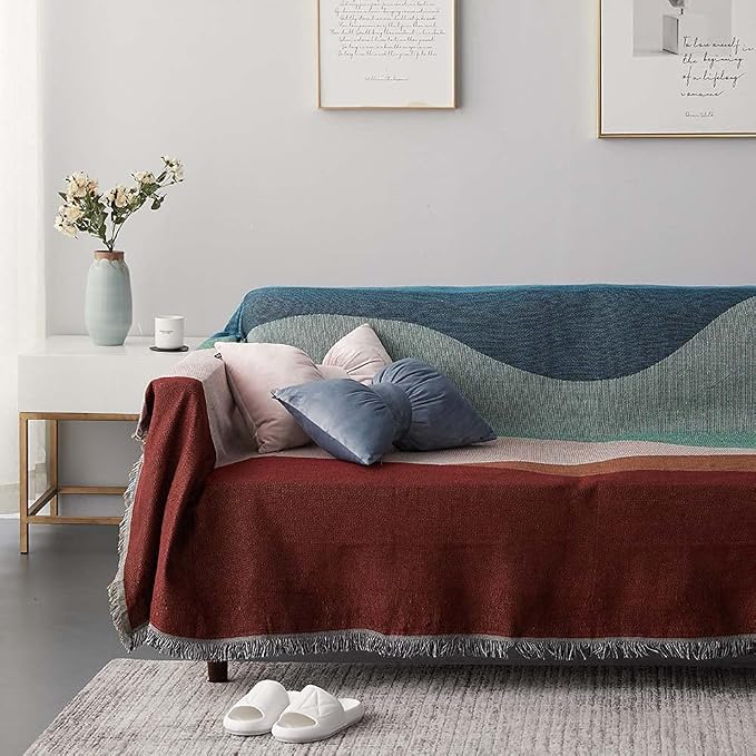 Reversible Knitted Patchwork Color Couch Cover Woven Decor Blanket Sofa Covers for Living Room Knit Futon Covers Sofa Slipcovers for Pets Couch Protector for Dogs Boho Furniture Covers, 71"X 118" by ROOMLIFE