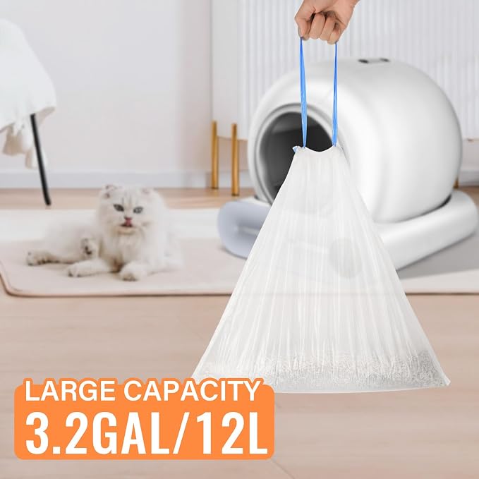 Cat Litter Bags, 80 Pieces Litter Box Liners for Automatic Cat Litter Box Self Cleaning, 4 Rolls 18 x 18 inches Robot Drawstring Bags, White - Image 3