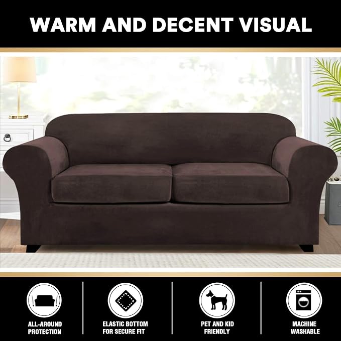 PrinceDeco Velvet Couch Cover Loveseat Covers for 2 Cushion Couch 3 Piece Sofa Covers for Dogs Washable Loveseat Covers Width Up to 72 Inch No Slip Stretch Sofa Slipcover (Medium, Brown) - Image 6