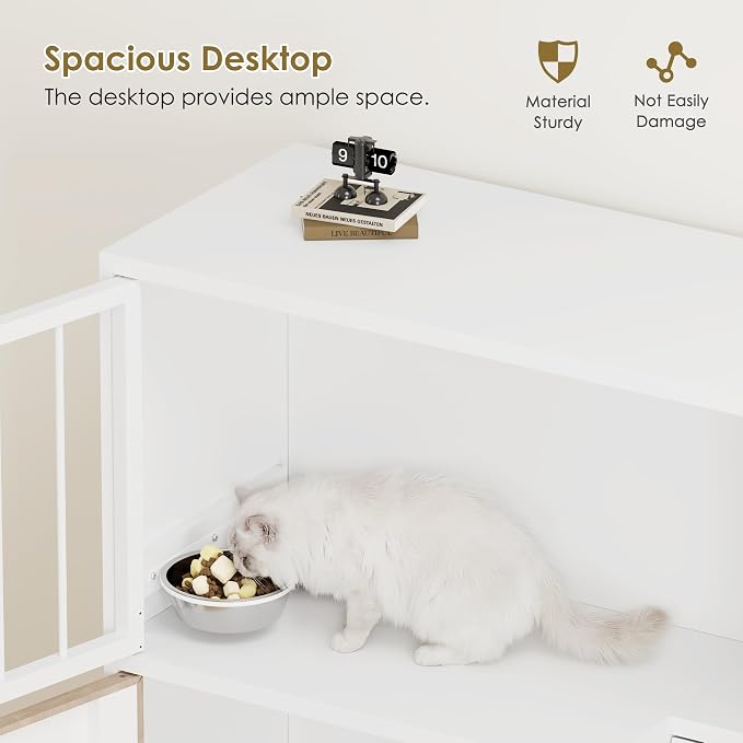 Metal Cat Feeding Station, Dog Proof Cat Feeding Station, Pet Food Storage | Cat Food Table, Raised Bowls for Indoor Cats, Elevated Food Bowls with Stand, Cat House with Scratching Board, Metal White - Image 6