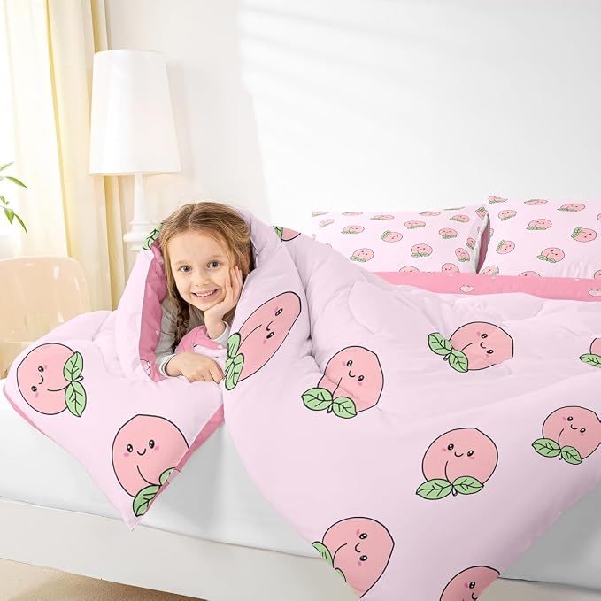 Erosebridal Peach Comforter Set Queen for Girls Women Kids Cute Cartoon Red Fruit Printed Reversible Bedding Set Kawaii Decor Soft Warm Quilt Duvet Set Pink Nature Plant Comforter - Image 6