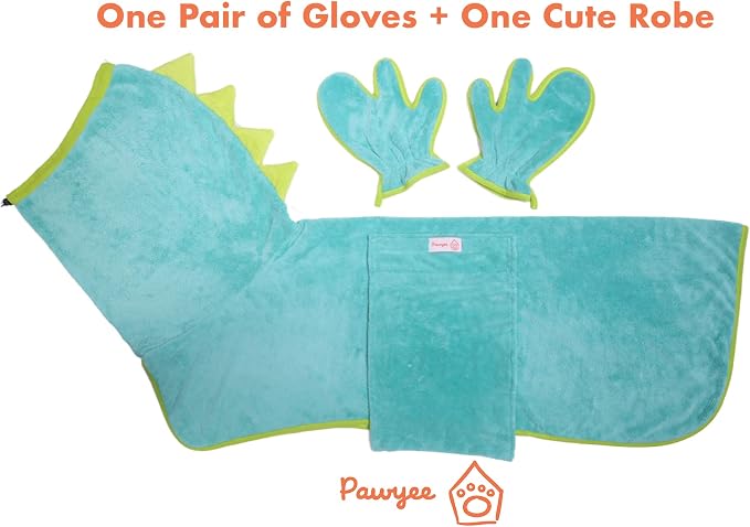 Pawyee Super Soft Fast-Drying Dog Towel Set for Cold Weather, Beach, Pool - Adjustable Microfiber Bath Robe with Drying Gloves for Cats and Dogs (L, Blue Dino) - Image 2