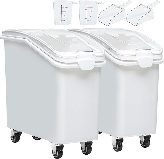 YITAHOME 27-Gallon Food Storage Container,Bulk Flour Bin, Large Ingredient Storage Bin with Wheels, Measuring Cup & Scoop, for Kitchen/Dining Room, Commercial Rice Container,2 count,White by YITAHOME