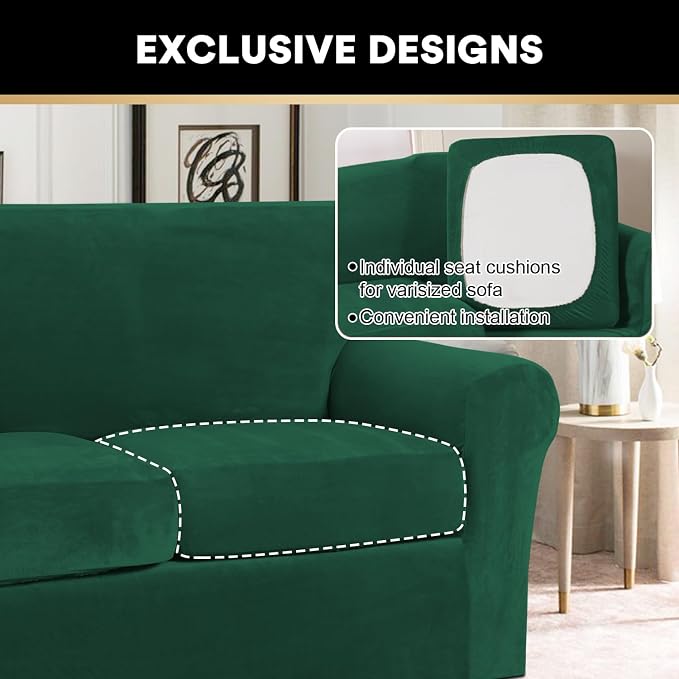 PrinceDeco 2 Piece Chair Cover Velvet Chair Slipcovers Soft Armchair Cover Furniture Protector with Arms Width Up to 49 Inch Chair Sofa Cover with Individual Cushion Covers(Small, Green) - Image 5