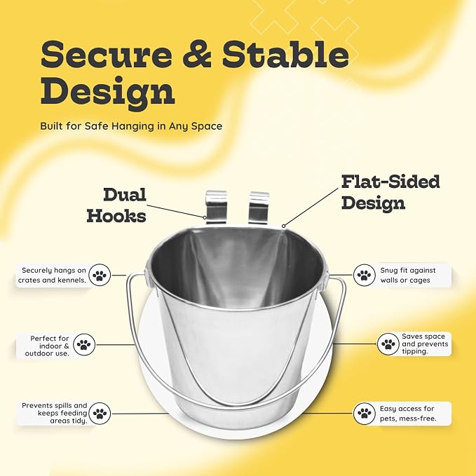 2 Quart Stainless Steel Flat Sided Bucket with Dual Hooks | 2 Pcs Durable Food & Water Bowl for Dog Cats Bird & Small Animals | Fits kennel Cage Crates Hanging Pet Pail | Multipurpose use - Image 7