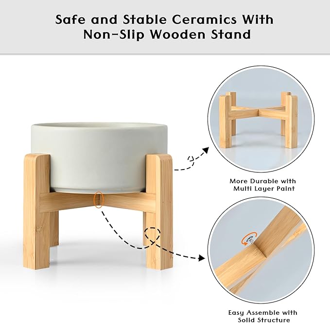 SPUNKYJUNKY Ceramic Elevated Dog Bowls 2 Pack - 8.3inch Raised Dog Bowls with Non-Slip Wooden Stand for Large Dogs Dishwasher Safe(Grey,60OZ*2) - Image 4