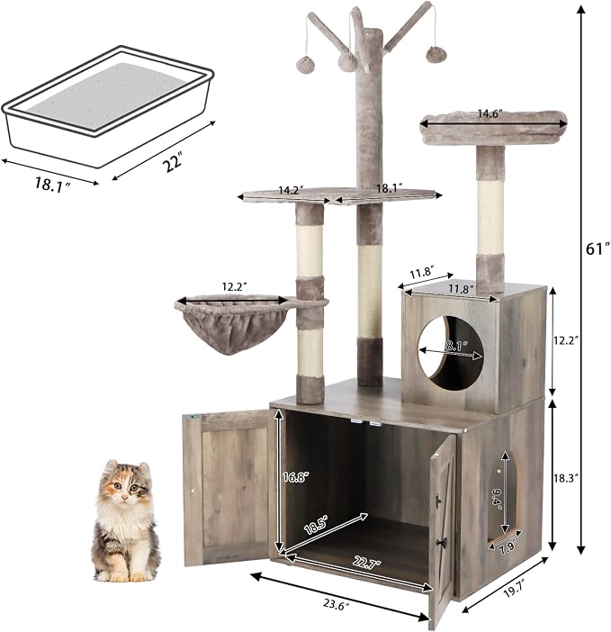 Timberer Litter Box Enclosure with Cat Tree, 2-in-1 Cat Tree Tower, Hidden Cat Litter Box Furniture with Scratching Post, Modern Cat Condo, Grey - Image 6