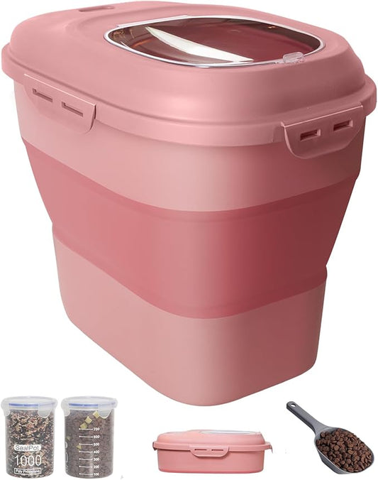 30-35Lbs Airtight Dog Food Storage Container,Collapsible Dog Food Container | Large Pet Food Storage Container with Double Airtight Seal & Magnetic Lid,Dog Food Bin with Wheels,2Pcs Containers,Scoop,Pink by DDMOMMYCOLLAPSIBLEFOODSTORAGECONTAINERFAMILY
