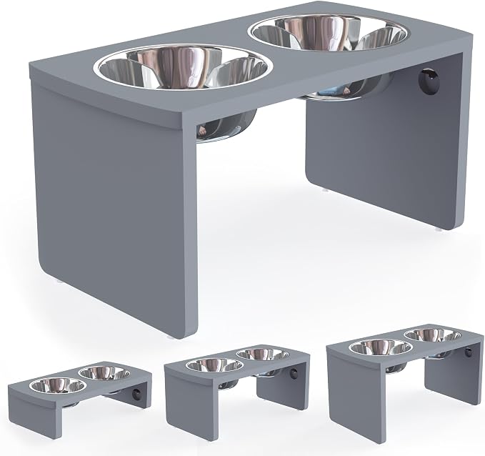 Elevated Dog Bowls, Bamboo Raised Dog Bowl for Large Dogs & Medium Dogs, with 2 Stainless Steel Bowls (10'' Tall–48 oz Bowl, Grey) by JoyoPawFamily
