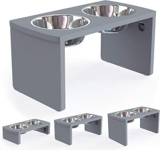 Elevated Dog Bowls, Bamboo Raised Dog Bowl for Large Dogs & Medium Dogs, with 2 Stainless Steel Bowls (10'' Tall–48 oz Bowl, Grey) by JoyoPawFamily