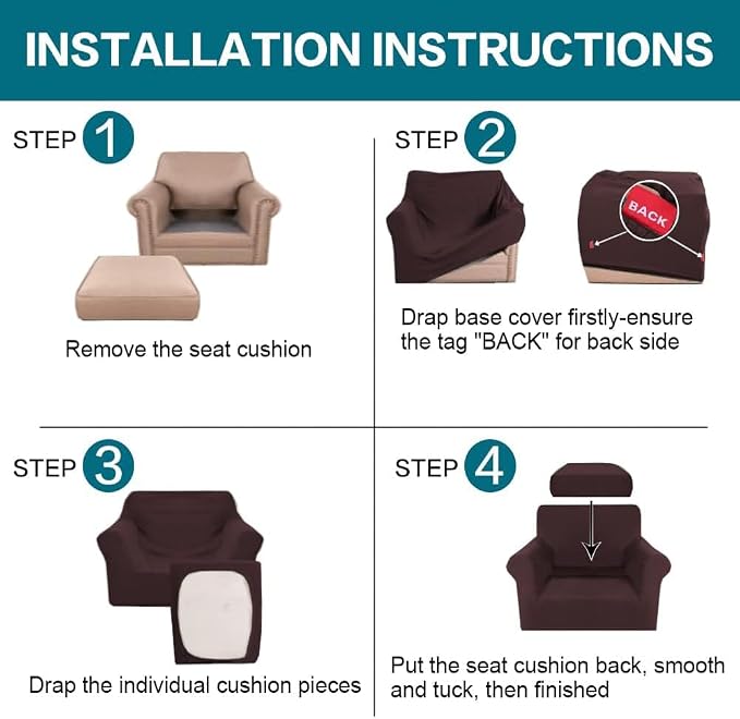 Turquoize 2 Piece Chair Covers Chair Slipcovers for Living Room Armchair Couch Cover Chair Sofa Cover with Individual Cushion Covers Furniture Cover for Chairs Feature Jacquard Fabric (Chair, Brown) - Image 6