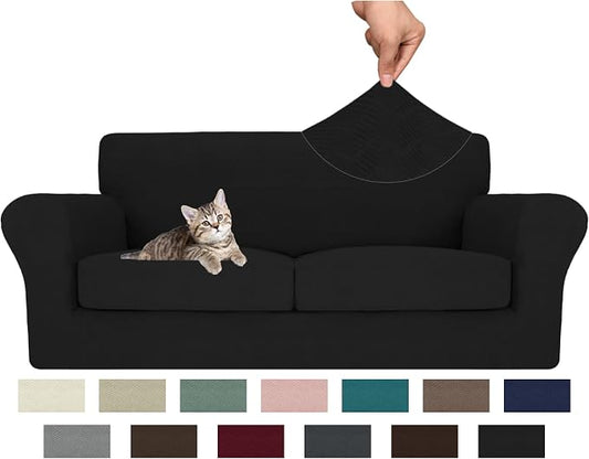 MAXIJIN 3 Piece Couch Covers for 2 Cushion Couch Sofa Cover, Stretch Loveseat Sofa Slipcovers for Sofas with 2 Large Cushions, Thick Dogs Pet Furniture Covers (71"-91", Black) by MAXIJIN