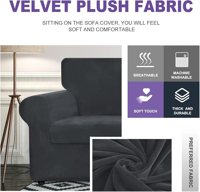 ZNSAYOTX Luxury Velvet Chair Slipcovers with Arm 2 Piece Stretch Chair Covers for Living Room Thick Soft Armchair Slipcover Anti Slip Pet Friendly Furniture Protector (Black),30"-47"(1 Cushion) - Image 3