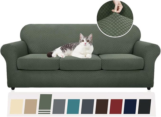 YEMYHOM Latest Checkered 4 Pieces Couch Covers for 3 Cushion Couch High Stretch Thickened Sofa Cover for Dogs Pets Elastic Slipcovers Living Room Furniture Protector (Army Green), 71"-91"(3 Cushions) by YEMYHOM