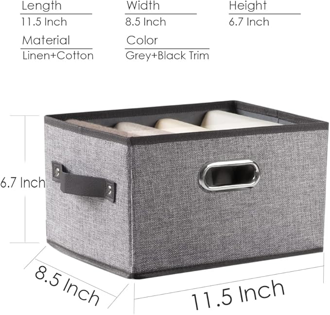 PRANDOM Fodable Storage Baskets for Closet [5-Pack] Decorative Fabric Storage Bins Cubes with Leather/Metal Handles for Shelves Bedroom Living Room Grey (11.5x8.5x6.7 Inch) - Image 5