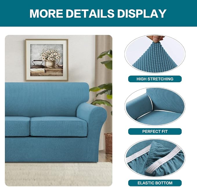 Turquoize 4 Piece Sofa Covers for 3 Cushion Couch Sofa Slipcover Soft Couch Cover for Dogs-Washable Sofa Furniture Covers with 3 Individual Large Cushion Covers, Feature Fabric (XL Sofa, Storm Blue) - Image 4