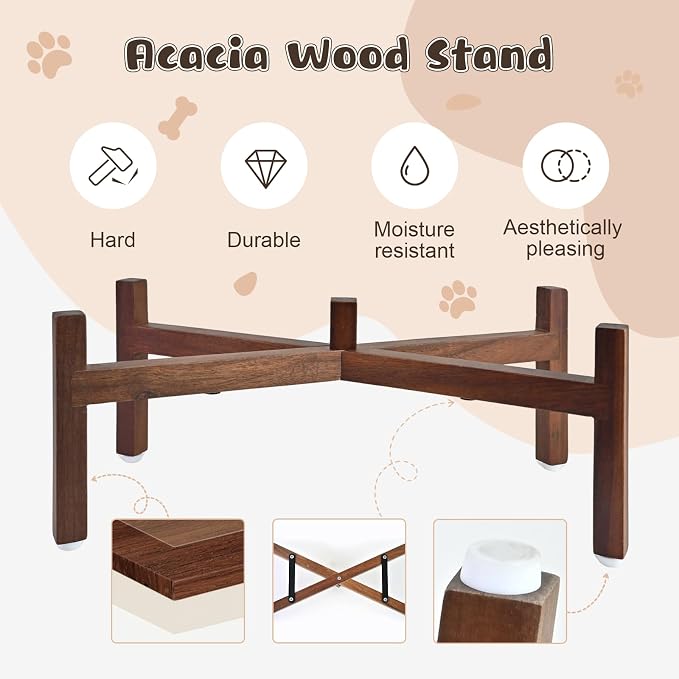 SPUNKYJUNKY Ceramic Elevated Dog Bowl Set with Acacia Wood Stand for Food and Water for Medium Dogs (42.27 OZ, Black, Dog Paw Pattern) - Image 3