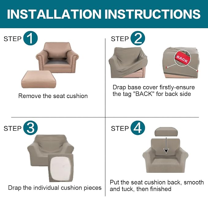 Turquoize 2 Piece Chair Covers Chair Slipcovers for Living Room Armchair Couch Cover Chair Sofa Cover with Individual Cushion Covers Furniture Cover for Chairs Feature Thick Fabric (Chair, Taupe) - Image 6