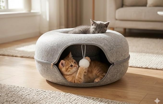 Cat Tunnel Bed - Comfort Bedz Large Donut Cave for Cats, Felt Enclosed Hideaway with Zipper, Top Perch, Interactive Toy, Washable Indoor Cat House - Image 3