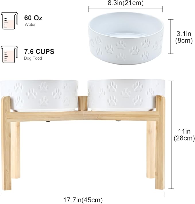 SPUNKYJUNKY Elevated Dog Bowls Ceramic, 8.3'' Dogs Food Water Bowls Raised with Non-Slip Bamboo Stand for Large Sized Breed Microwave Dishwasher Safe - 60 OZ,Paw White - Image 2