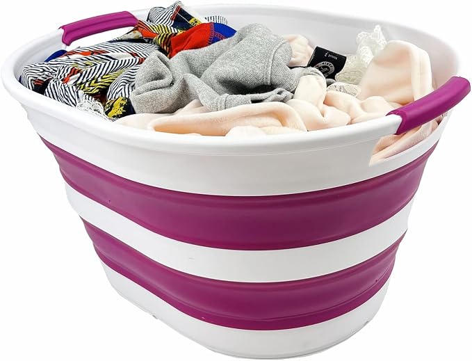 SAMMART 23L (6 Gallons) Collapsible Plastic Laundry Basket - Oval Tub/Basket - Foldable Storage Container/Organizer - Portable Washing Tub - Space Saving Laundry Hamper (White/Purple) - Image 5