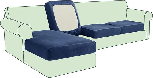 CHUN YI Velvet Couch Cushion Covers, 4 PC Water Resistant Sectional Couch Covers for L Shape Sofa, Individual Seat Cushion Protector for Pets (3 Seater + 1 Chaise, Navy Blue) by CHUNYI