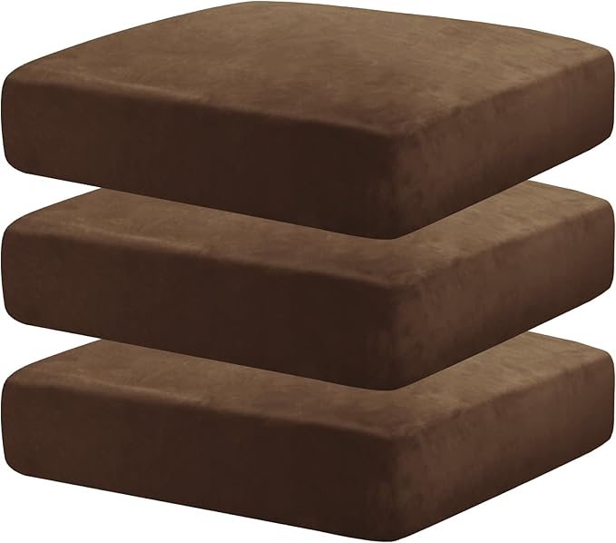 MAXIJIN Velvet Stretch Cushion Covers Fitted Couch Cushion Slipcovers Sofa Seat Cushion Covers for Individual Cushions with Elastic Bottom (3 Piece Sofa Seat Slipcovers, Dark Coffee) by MAXIJIN
