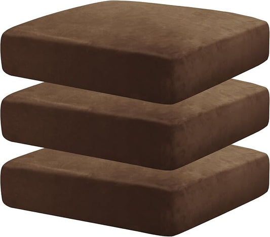 MAXIJIN Velvet Stretch Cushion Covers Fitted Couch Cushion Slipcovers Sofa Seat Cushion Covers for Individual Cushions with Elastic Bottom (3 Piece Sofa Seat Slipcovers, Dark Coffee) by MAXIJIN