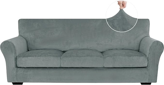 XINEAGE 4-Piece Velvet Sofa Cover,Couch Covers for Dog,Light Gray | 3 Cushion Sofa,Stretch Non-slip Elastic, Pet-friendly, Washable, Fast Setup, Soft Plush Fabric, Furniture Protector. by XINEAGE