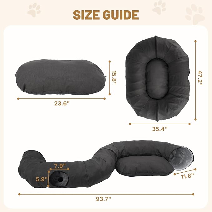 Extra Large Cat Tunnel, Cooling Natural Linen Big Tunnel for Large Cats, 47.2in Multi-Cat Family Long Cat Tunnel Bed with Washable Mat, Breathable & Durable Big Cat Tunnel for Cats, Dark Grey - Image 5