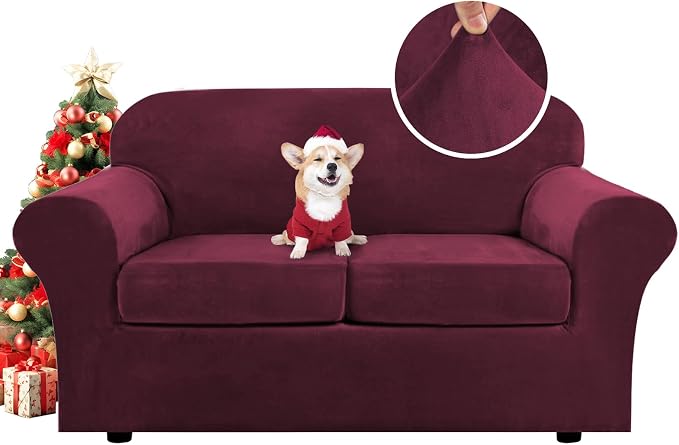 H.VERSAILTEX Real Velvet Plush 3 Piece Stretch Sofa Covers Couch Covers for 2 Cushion Couch Loveseat Covers Width Up to 72 Inch Feature Thick Soft Stay in Place (Medium Sofa, Burgundy) by HVERSAILTEX