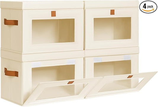 Homsorout Medium Fabric Storage bins - Collapsible Storage Bins with Open Window, 4 Pack Closet Baskets for Shelves, Stackable Decorative Boxes for Home, Dorm, Beige, 13.7"x 9.8" x 9.8" by Homsorout