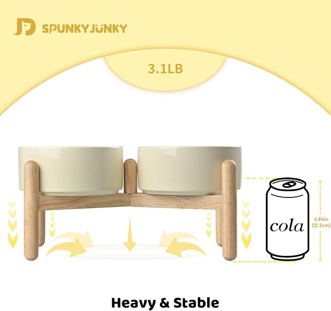 SPUNKYJUNKY Ceramics Raised Dog Bowl with Wooden Stand - Double 28.7OZ Cream White Bowls for Small Medium Dogs - Image 5