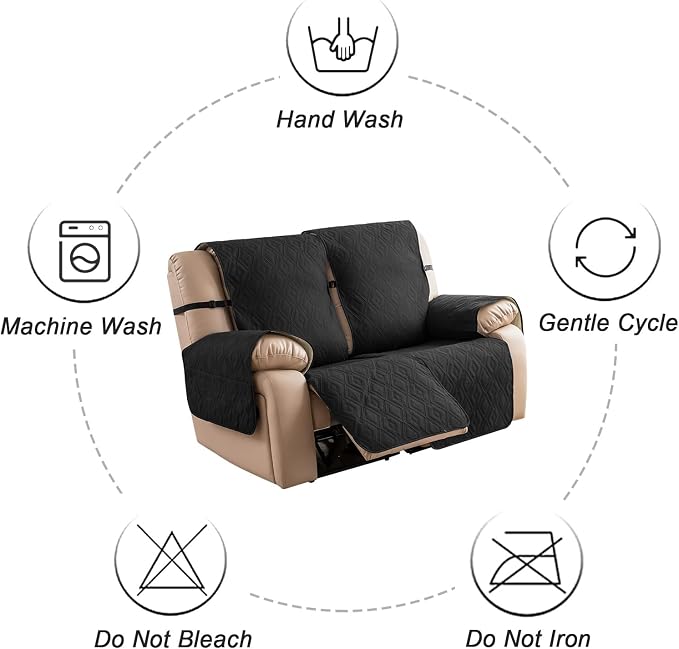Genina Black Waterproof Loveseat Recliner Cover, Non-Slip, Sofa Cover for Reclining Couch 2 Seat, Washable Couch Cover Loveseat Furniture Protector Cover for Pets Dogs Kids - Image 9