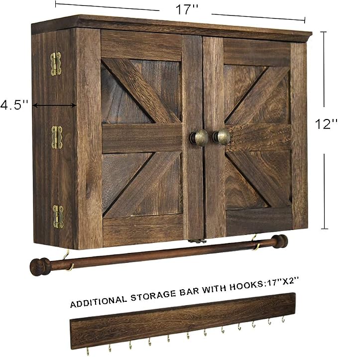 GLANT Rustic Wall Mounted Jewelry Organizer with Wooden Barndoor Decor,Wooden Wall Mount Holder,Jewelry holder for Necklaces, Earings, Bracelets, Ring Holder. Includes matching hook organizer (Rustic) - Image 2