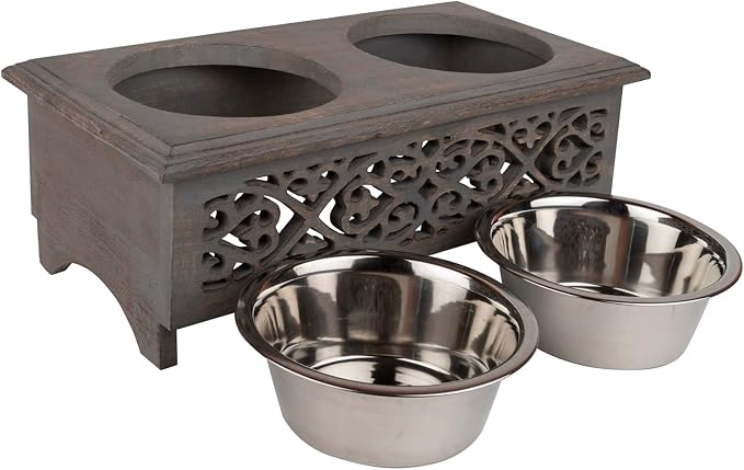 GoCraft Raised Dog Bowls for Small Dogs | Elegant Farmhouse Grey Washed Elevated Wooden Stand Feeder with 2 Stainless Steel Bowls for Your Pet Food & Water - Image 3