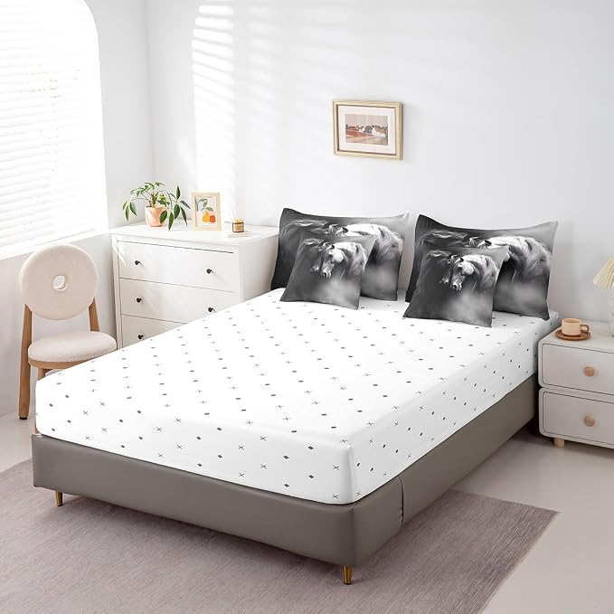 Erosebridal 7 Pcs Comforter Set Queen Size, Black White Horse Bed in a Bag with Flat Sheet and Fitted Sheet for Kids and Adults, Vintage Animals Bedding Set with 2 Pillowcases & 2 Pillow Shams - Image 5