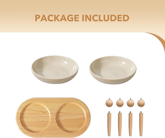 Havniva Elevated Cat Bowls, Raised Ceramic Cat Bowl with Stand, Two Heights | Cat Food & Water Bowl Set, Whisker Friendly, 6” Raised Cat Dishes, Shallow Cat Plates, Non-slip Wood Stand, Kitten Food Bowl - Image 6