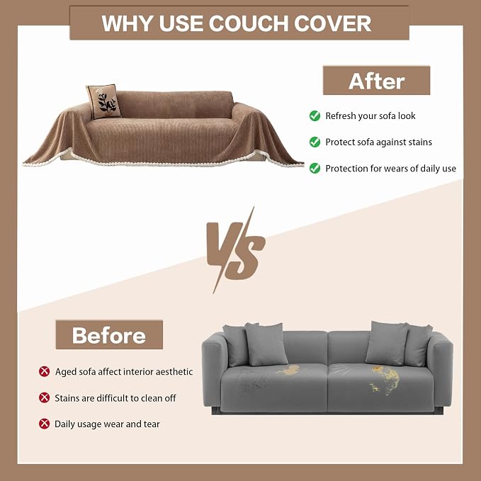 DREAMINGO Striped Chenille Couch Cover Blanket Washable Furniture Protector for Pets/Kids Farmhouse Modern Style Decorative Sofa Throw Cover for Living Room, Pom Pom Trim, Coffee, 71"x134" - Image 5