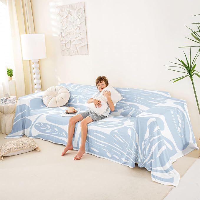 Erosebridal Light Blue Flower Couch Cover Retro Aesthetic Floral Sofa Cover Minimalist Vintage Art Sofa Protector 71" X 118" 70S Modern Abstract Washable Non Slip Couch Protector for Pets, Kids, Dog - Image 4