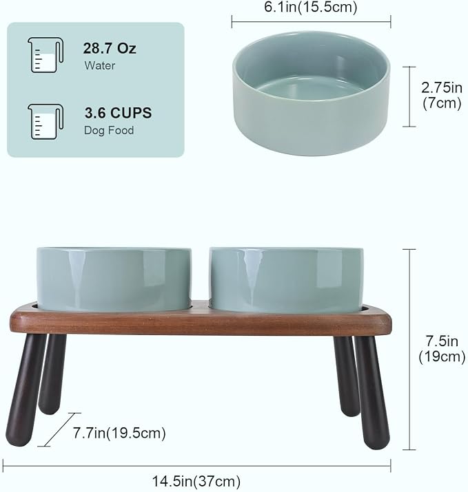 SPUNKYJUNKY Ceramic Elevated Dog Bowls Raised with Acacia Bamboo Wooden Stand, 6.1'' Dog Cat Food Water Bowls Set Non-Slip for Small Medium Sized Breed Microwave Dishwasher Safe - 28.7 OZ,Light Green - Image 2