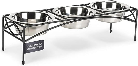 NMN Designs Regal Triple Diner - Triple Bowl Dog and Cat Feeder Stand - Ideal for Feeding Multiple Pets - Durable Wrought Iron Construction with 3-2 Qt Stainless Bowls - 26.5" L x 8" W x 7" H, Black by NMNDesigns
