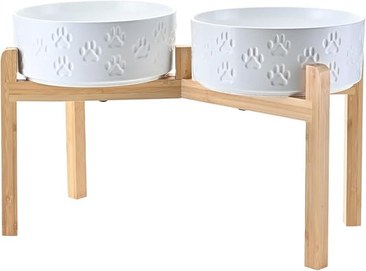 SPUNKYJUNKY Elevated Dog Bowls Ceramic, 8.3'' Dogs Food Water Bowls Raised with Non-Slip Bamboo Stand for Large Sized Breed Microwave Dishwasher Safe - 60 OZ,Paw White by SPUNKYJUNKY