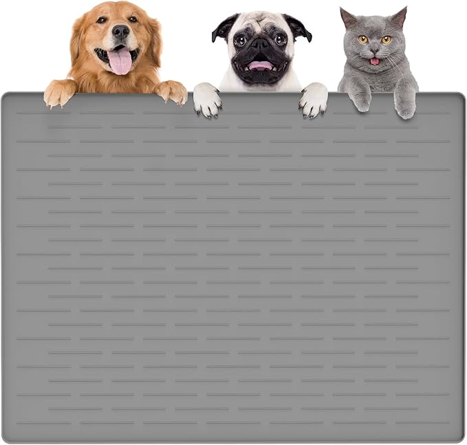 Largest Dog Food Mat, 39.5"x29.5" Silicone Dog and Cat Mat for Food and Water Bowls, Thinken Waterproof Non-Slip XXXL Pet Feeding Mat for Floors (Light Gray) by Goldleaf